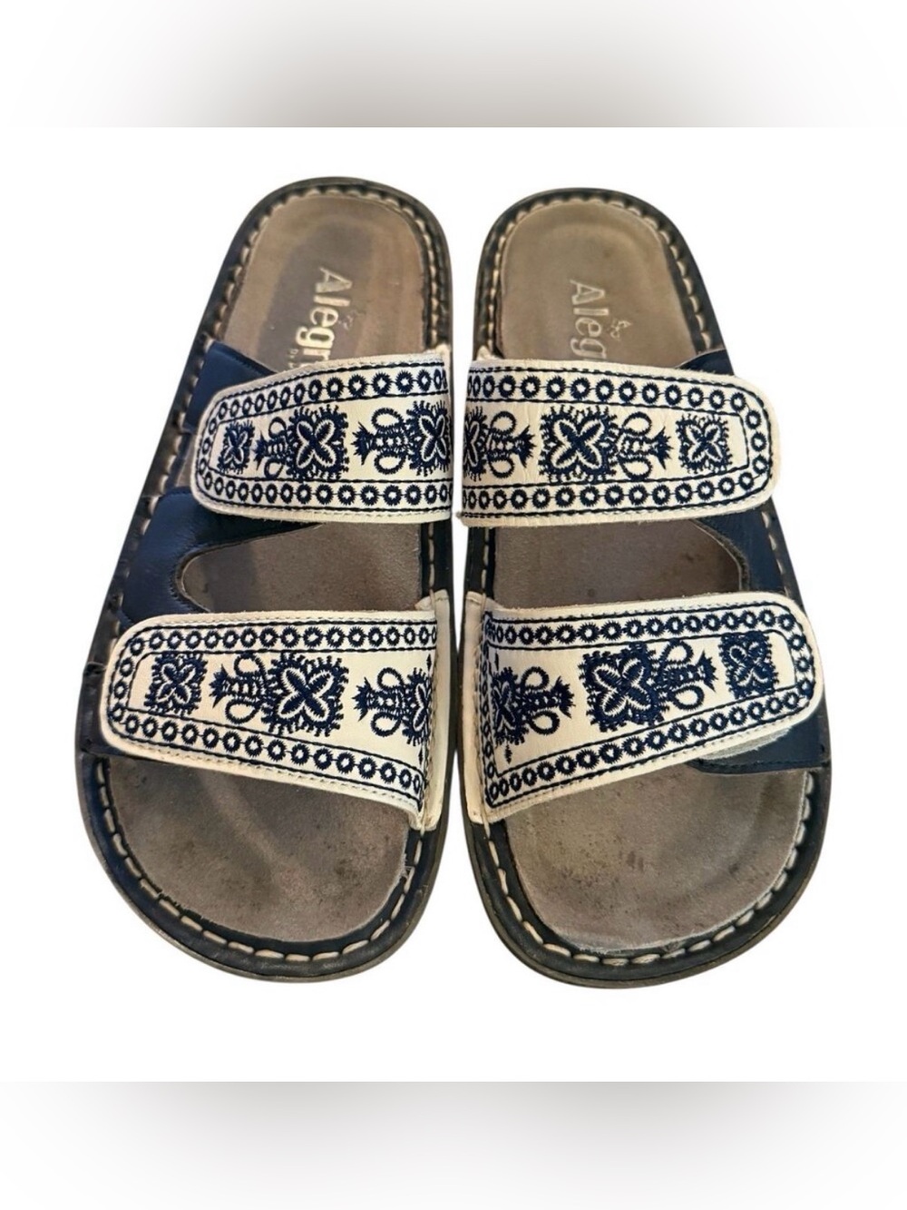 Alegria By PG Lite Sandals Camille Embroidered Slide Wedge Leather Sz EU 37